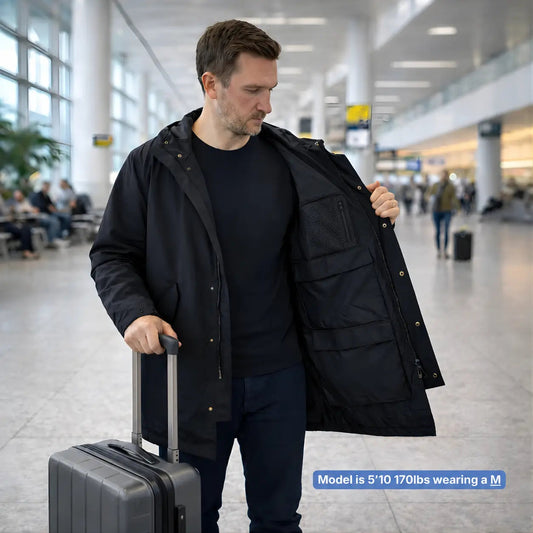 Packable travel coat front view in black